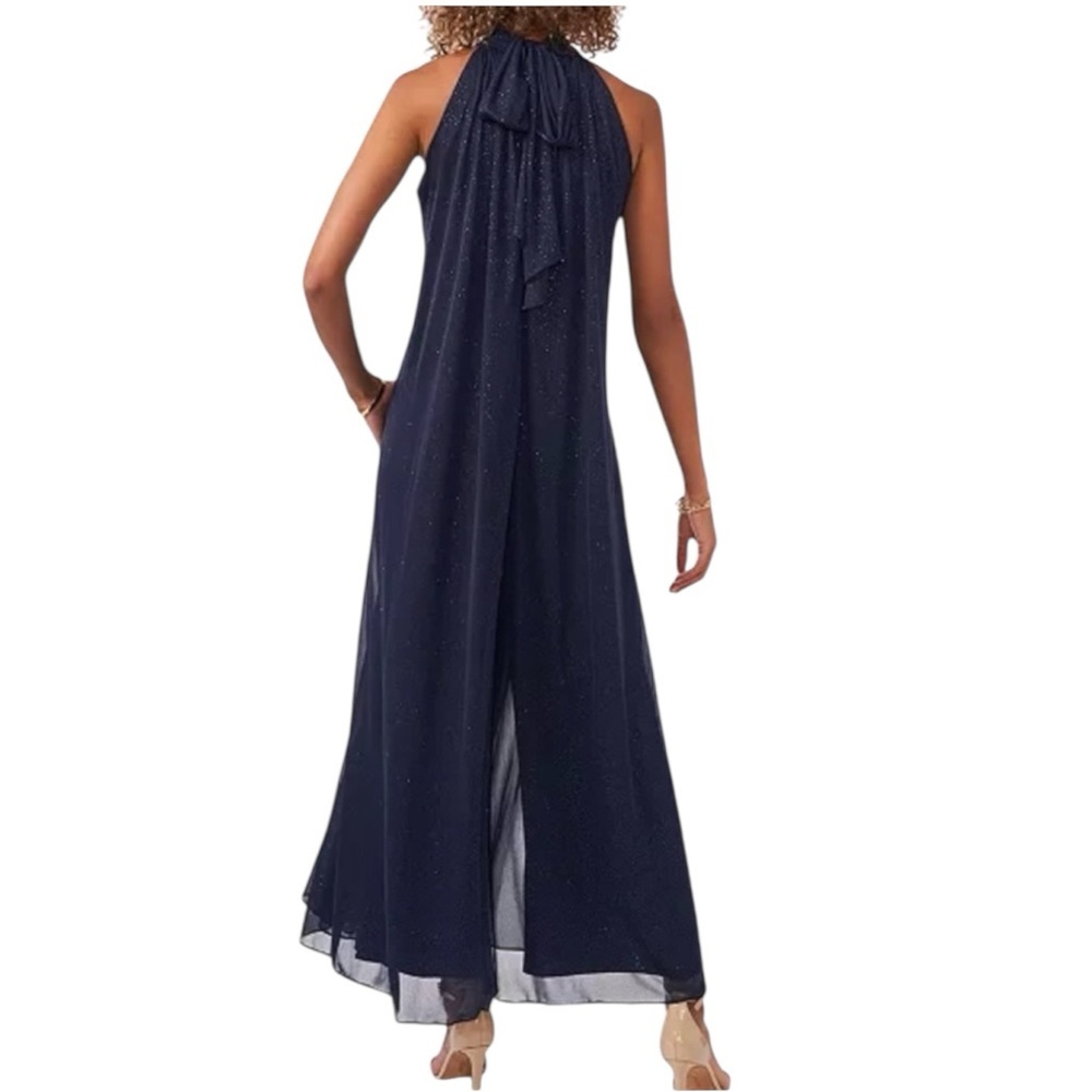NEW MSK Tie Back Chiffon Wide Leg Navy Halter Neck Evening Jumpsuit - Picture 2 of 11